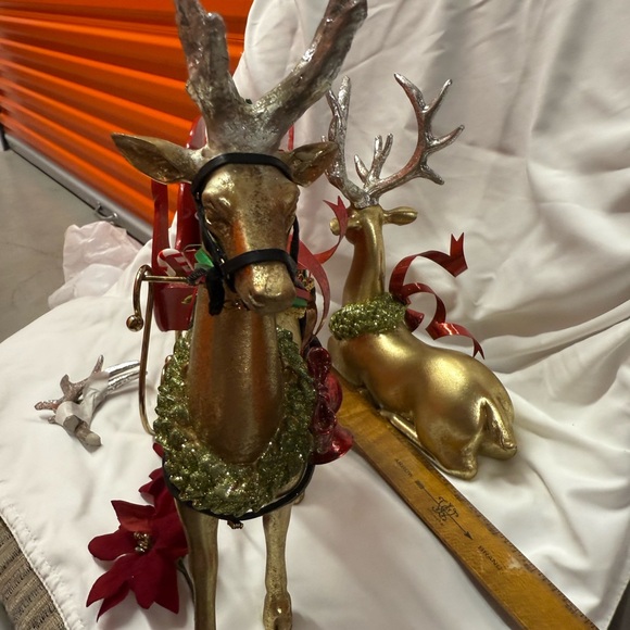 Holiday Red Sleigh with Gold Detailing with 2 reindeer with glittered wreaths - Picture 8 of 10